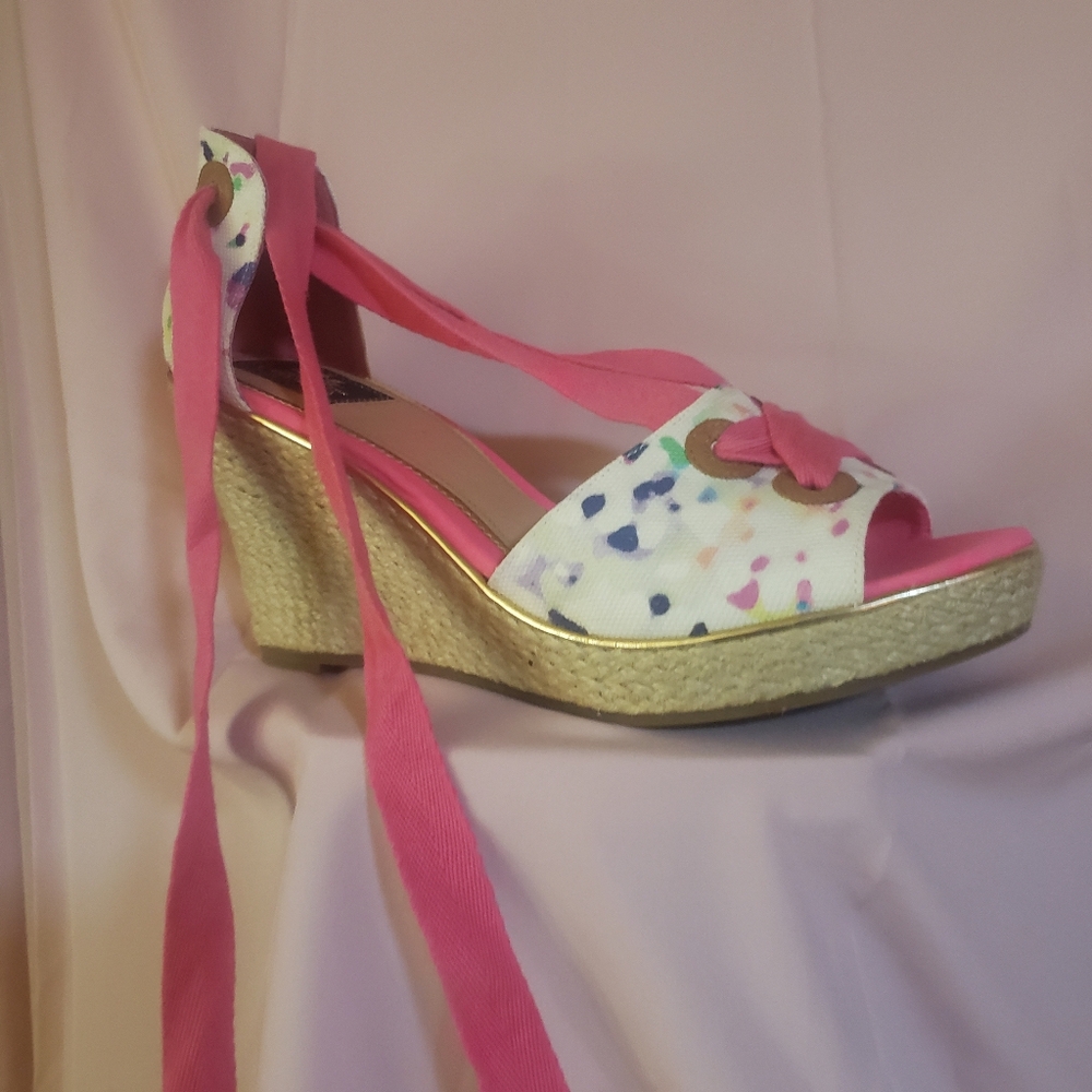 Milly Pink and Cream Wedge Sandals with Ribbon Straps